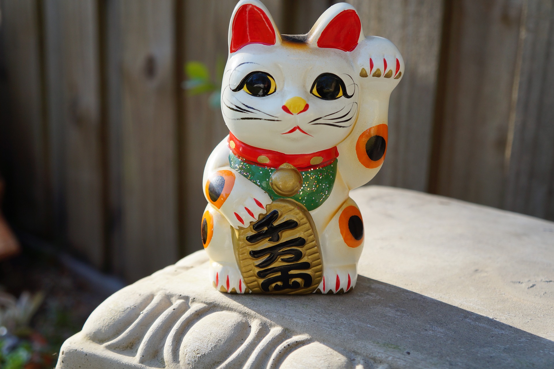 Two Maneki Neko Lucky green cat for success in education yellow for good fortune 