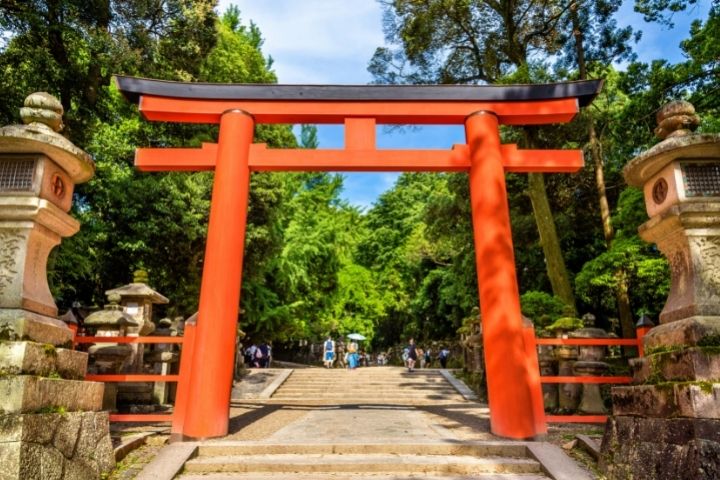 A image of Musashino Hachimangu Shrine red torii gate in Kichijoji