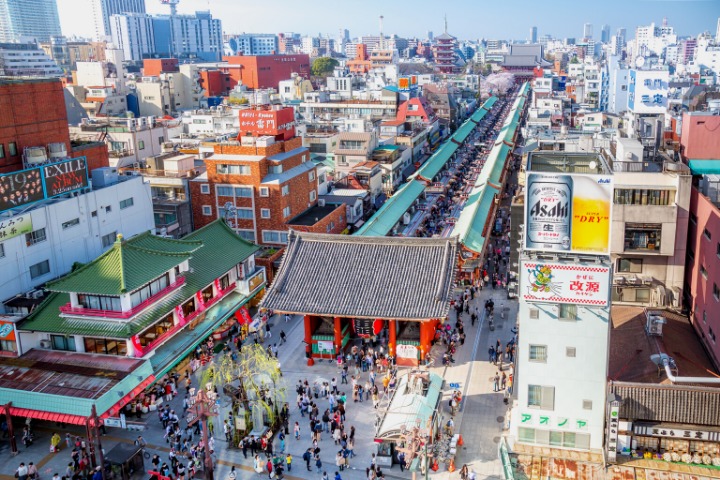 an aerial photo of asakusa temples entrance gate and the walk leading up to the main temple