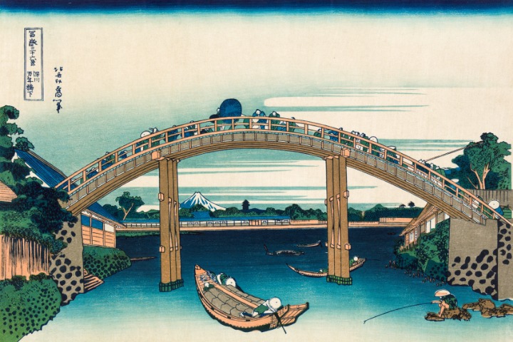 hokusai painting of a bridge above the lake