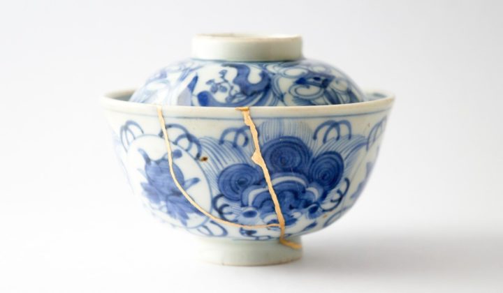 blue bowl made using the art of kintsugi