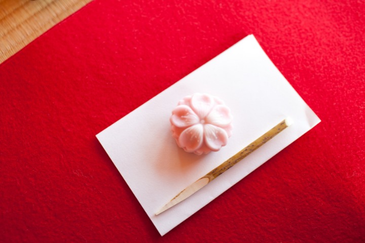 Nerikiri on a white paper red background with a wood stick