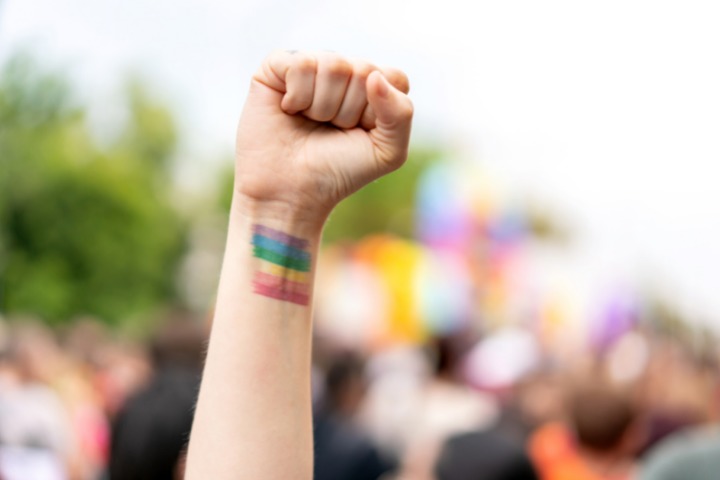 a photo of a raised fist with the rainbow pride flag painted on