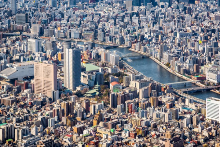 an aerial photo of asakusabashi, sumida river and surrounding areas