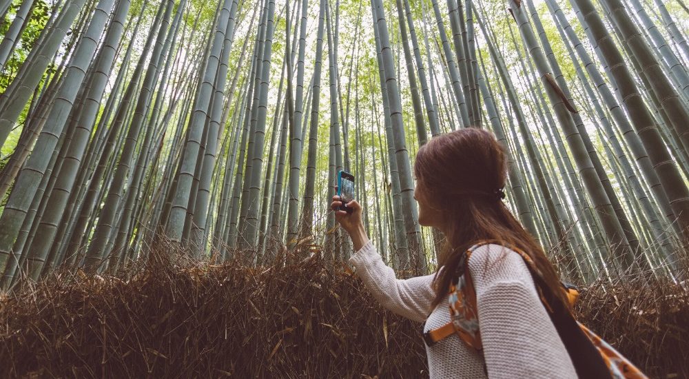 a tourist taking a picture in Kyoto