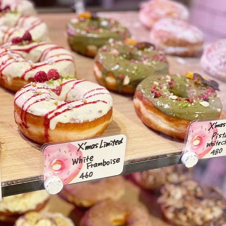 A picture of Christmas doughnuts at DUMBO Doughnuts and Coffee