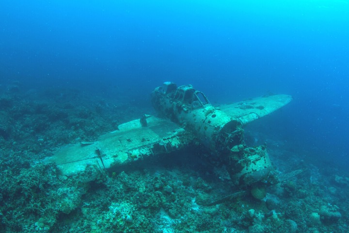 a photo of a sunken world war II fighter plane