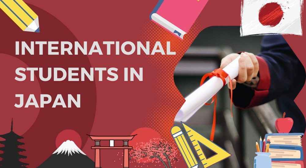 A red image with the text "international students in Japan"