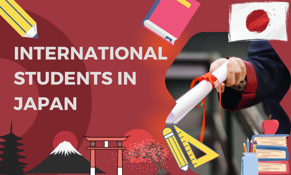 A red image with the text "international students in Japan"