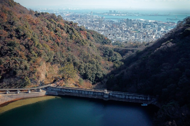 Kobe city view from Nunobiki Dam, Nunobiki Falls
