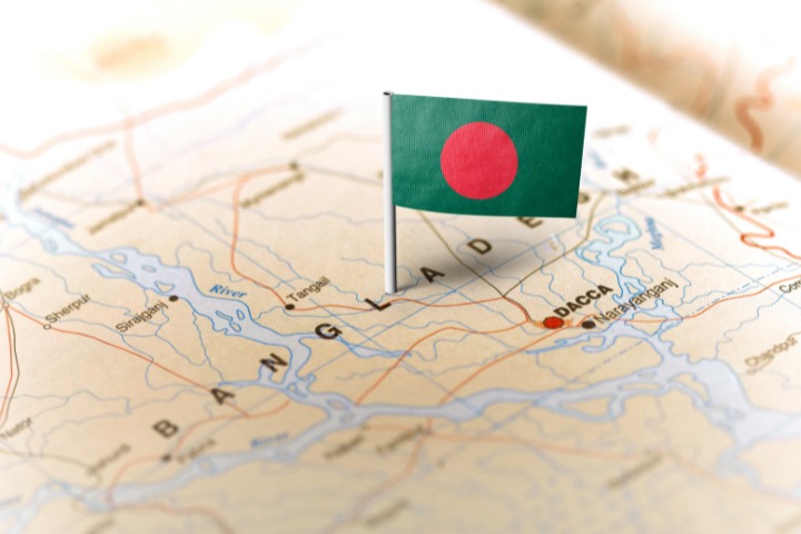 Bangladesh flag on a map of Bangladesh