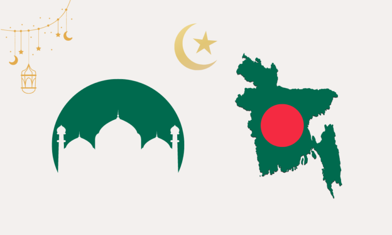 silhouette of muslim mosque and bangladeshi flag in a map format with moon and stars in background