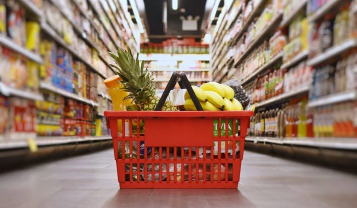 supermarket, shopping basket on floor full of groceries