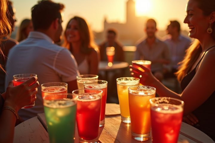Glasses of drinks on a table during a social gathering